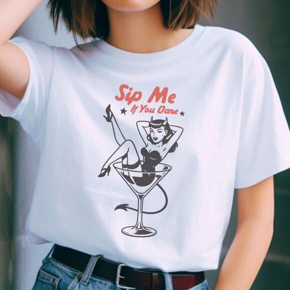 Funny Halloween Graphic Tee Goth Whimsigoth Style Martini Glass Ghoul Spooky Top - Picture 1 of 4